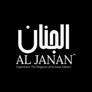 Al Janan Fabrics store logo on a black background, featuring bold white Arabic and English text. The logo highlights the elegance of Al Janan Fabrics with the slogan 'Experience The Elegance of Al Janan Fabric Store.